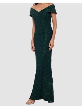 Xscape Dark Green Off-Shoulder Sequin Maxi Gown
